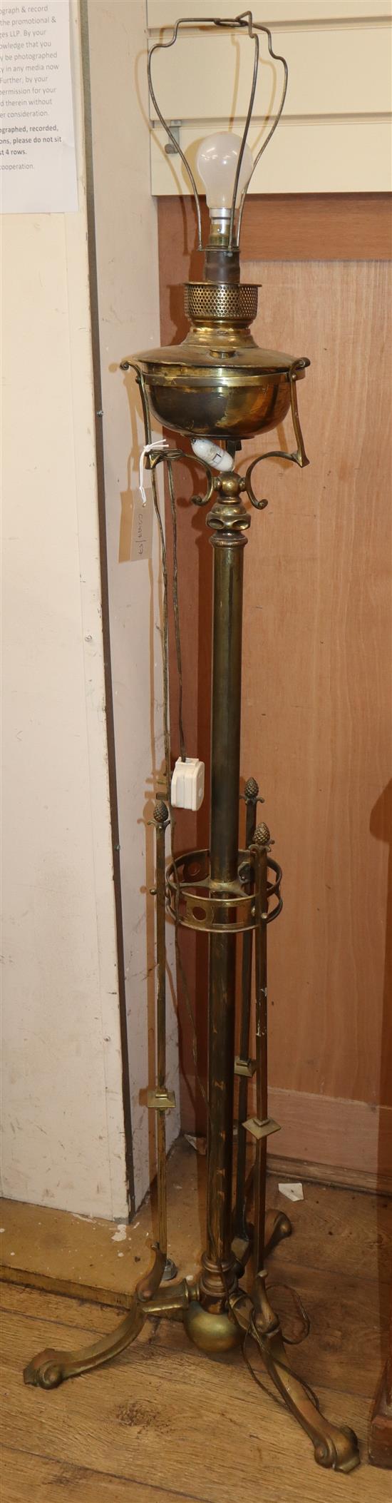 An early 20th century Benson style brass lamp standard (converted to electricity) H.130cm